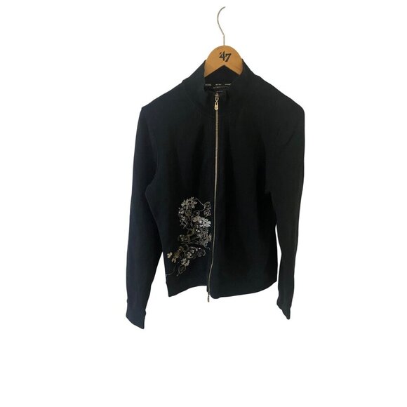 BCBGMaxazria Women's Black Embroidered Long Sleeve Full Zip Sweater - Large - Picture 1 of 14